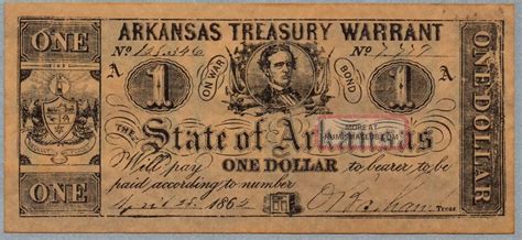 This design was by far the most common type of 1861 Confederate 20 bills, with more than 2 million produced. . Arkansas treasury warrant one dollar 1862 worth